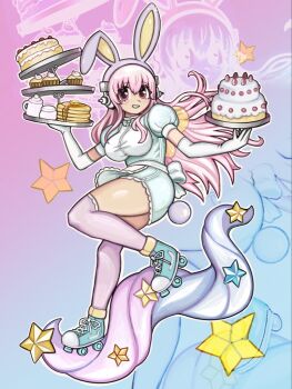 Rule 34 | 1girl, animal ears, aqua dress, bow, breasts, cake, commentary, cupcake, dress, elbow gloves, english commentary, fake animal ears, fake tail, food, gloves, headphones, holding, holding plate, large breasts, long hair, looking at viewer, nitroplus, pancake, pancake stack, pink eyes, pink hair, pink thighhighs, plate, plushvampy, puffy short sleeves, puffy sleeves, rabbit ears, rabbit tail, roller skates, short sleeves, skates, solo, star (symbol), super sonico, tail, tea set, teeth, thighhighs, white bow, white gloves