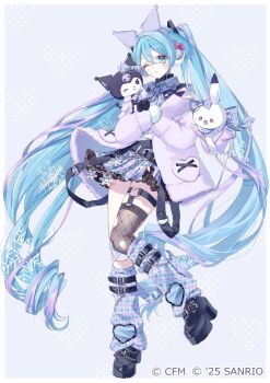 1girl ;q aqua_eyes aqua_hair belt black_belt black_choker black_shoes black_thighhighs blue_leg_warmers blue_skirt choker closed_mouth collared_shirt commentary_request company_name copyright_name copyright_notice full_body hair_between_eyes hairband hatsune_miku heart holding jacket kuromi leg_warmers long_hair looking_at_viewer misumi_(macaroni) mittens multicolored_hair multicolored_skirt official_art one_eye_closed onegai_my_melody open_clothes open_jacket plaid_clothes plaid_leg_warmers plaid_skirt purple_hair purple_hairband purple_jacket purple_leg_warmers rabbit_yukine sanrio shirt shoes single_fishnet_legwear single_thighhigh skirt smile snowflakes solo standing streaked_hair thighhighs tongue tongue_out torn_clothes torn_thighhighs twintails very_long_hair vocaloid white_mittens white_shirt