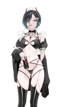 1girl absurdres alternate_costume azur_lane black_hair black_panties breasts cameltoe can chest_jewel commentary_request drinking_straw drinking_straw_in_mouth earrings hair_between_eyes hair_ornament highres holding holding_can horns jewelry looking_at_viewer maid maid_headdress mechanical_horns medium_breasts mouth_hold navel navel_piercing o-ring ohisashiburi panties piercing red_horns short_hair simple_background slit_pupils solo thighhighs ulrich_von_hutten_(azur_lane) unconventional_maid underwear white_background x_hair_ornament yellow_eyes