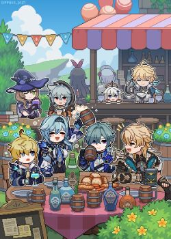 5boys 5girls ;) aether_(as_heaven_and_earth_are_made_anew)_(genshin_impact) aether_(genshin_impact) alcohol amber_(genshin_impact) aqua_hair arm_rest arm_up armor balloon barrel beer blonde_hair blue_eyes blue_hair bottle bracer bread breastplate brown_hair chair checkered_tablecloth closed_eyes closed_mouth coat cocktail_shaker commentary cup day drink drinking_glass english_commentary eula_(genshin_impact) facial_scar facing_another fingerless_gloves flower flying_sweatdrops food gauntlets genshin_impact gloves green_eyes hair_between_eyes hair_intakes hairband halo hand_rest hand_up hands_up hat hat_flower height_difference highres holding holding_cocktail_shaker holding_cup hood hood_up lisa_(genshin_impact) lohen_(genshin_impact) long_hair looking_at_another mika_(genshin_impact) mountainous_horizon multicolored_eyes multicolored_hair multiple_boys multiple_girls noelle_(genshin_impact) official_alternate_costume on_chair one_eye_closed open_mouth outdoors outline paimon_(genshin_impact) pink_eyes pixel_art plate ppyok_1017 purple_flower purple_hat purple_rose razor_(genshin_impact) red_eyes rose scar scar_on_cheek scar_on_face short_hair shoulder_armor single_gauntlet single_glove sitting smile standing table tablecloth two-tone_eyes two-tone_hair unitard varka_(genshin_impact) white_outline witch_hat wooden_chair wooden_cup wooden_table
