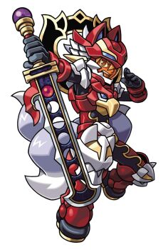 Rule 34 | 1boy, animal ears, animal helmet, armor, armored boots, assault visor, black bodysuit, black gloves, bodysuit, boots, fang, fox boy, fox ears, fox tail, gloves, gold armor, gold trim, grey tail, hair between eyes, harakawa mitsuhiro, holding, holding sword, holding weapon, knee pads, multicolored armor, multicolored bodysuit, official art, open mouth, orange visor, red armor, red bodysuit, reverse grip, sai (shinrabanshou), shinrabanshou, solo, sword, tail, teeth, third-party source, transparent background, upper teeth only, weapon, white armor