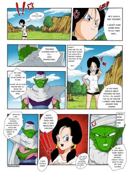 1boy 1girl black_hair blue_eyes breasts dark_toons_cave_artist dragon_ball dragonball_z english_text highres large_breasts long_hair open_mouth piccolo ponytail smile source_request text_focus translation_request videl