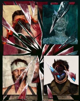 4boys beard blood blue_eyes broken_glass brown_hair eyepatch facial_hair glass hashtag-only_commentary headband highres horns metal_gear_(series) metal_gear_solid_v:_the_phantom_pain multiple_boys reflection scar sgkg108 single_horn skull venom_snake