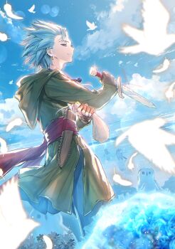 1boy absurdres bag bird blue_eyes blue_hair blue_pants camus_(dq11) cmy_no_7 commentary_request cowboy_shot creature dagger dragon_quest dragon_quest_xi earrings falling_feathers feathers fingerless_gloves gloves green_jacket hair_slicked_back highres holding holding_bag holding_dagger holding_knife holding_weapon hood hood_down hooded_jacket hoop_earrings jacket jewelry knife light_smile male_focus outdoors pants solo upper_body weapon