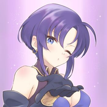 blowing_kiss blue_eyes blue_hair breasts cleavage earrings fire_emblem fire_emblem:_the_blazing_blade gloves highres jewelry kiss medium_breasts nintendo one_eye_closed short_hair ursula_(fire_emblem) wink