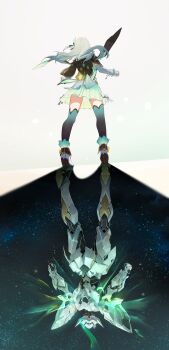 1girl absurdres ailushin armor black_thighhighs commentary different_reflection english_commentary firefly_(honkai:_star_rail) full_body gradient_legwear green_thighhighs grey_hair high_heels highres honkai:_star_rail honkai_(series) long_hair long_sleeves power_armor reflection robot sam_(honkai:_star_rail) skirt standing thighhighs zettai_ryouiki