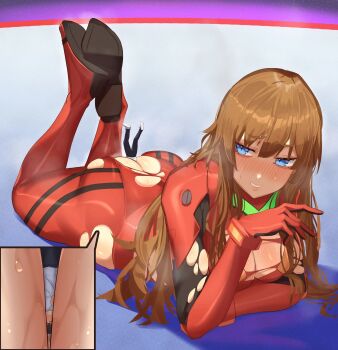 1boy 1girl absurdres arms_under_breasts ass ass_cutout between_buttocks blue_eyes bodysuit breasts brown_hair butt_crack clothing_cutout curvy evangelion:_3.0+1.0_thrice_upon_a_time foreshortening full_body hair_down hetero highres huge_ass ikari_shinji kikimifukuri large_breasts long_hair long_sleeves lying mecha_pilot_suit multicolored_bodysuit multiple_views neon_genesis_evangelion nervous_smile on_stomach plugsuit_(evangelion) rebuild_of_evangelion red_bodysuit shaded_face shiny_clothes skindentation smile souryuu_asuka_langley steaming_body sweatdrop the_pose torn_bodysuit torn_clothes very_long_hair wide_hips x-ray