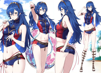 1girl ameno_(a_meno0) armpits ass blue_eyes blue_hair blush breasts commentary_request fire_emblem fire_emblem_awakening fire_emblem_cipher food food_in_mouth grin hair_between_eyes holding holding_swim_ring innertube looking_at_viewer lucina_(cipher_swimsuit)_(fire_emblem) lucina_(fire_emblem) medium_breasts melting_popsicle navel nintendo official_alternate_costume popsicle popsicle_in_mouth profile smile solo stomach swim_ring swimsuit tiara