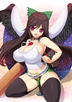 1girl :3 arm_cannon belt black_thighhighs blush bow braid breasts brown_hair bursting_breasts cape cat chain cleavage collar covered_erect_nipples curvy female_focus hair_bow highres hip_focus huge_breasts kaenbyou_rin kaenbyou_rin_(cat) large_breasts leash long_hair looking_at_viewer multiple_tails open_fly open_mouth pink_eyes red_eyes red_hair reiuji_utsuho short_shorts shorts shuz_(dodidu) skindentation smile solo squatting strap_slip tail tears thick_thighs thighhighs thighs third_eye touhou twin_braids unbuttoned unzipped weapon wide_hips wings