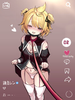 1boy ahoge azulasi black_dress black_surgical_mask blonde_hair blush body_writing bulge collar collarbone commentary cross cross_necklace crossdressing crossdressing_(mtf) detached_sleeves dress english_commentary full-face_blush garter_belt garter_straps grey_eyes heart highres jewelry kagamine_len leash looking_at_viewer male_focus navel necklace nun open_mouth panties red_collar short_hair short_twintails sidelocks sketch solo stomach string_panties swept_bangs tally thighhighs tiktok tongue tongue_out translation_request trap twintails underwear viewer_holding_leash vocaloid white_panties white_thighhighs