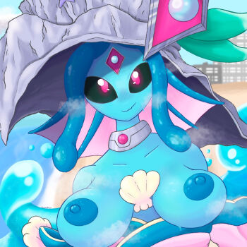 1girl ariemon black_sclera blue_skin blush breasts breasts_out colored_sclera colored_skin digimon digimon_(creature) hat parteebear pink_eyes