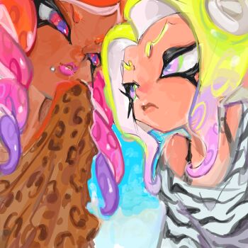 Rule 34 | 2girls, animal print, blonde hair, blue background, eye contact, eyerealm, face piercing, gradient hair, leopard print, lip piercing, looking at another, multicolored hair, multiple girls, nintendo, octoling, off shoulder, orange hair, original, piercing, pink eyes, pink hair, pink lips, portrait, pout, purple hair, purple pupils, red eyes, short eyebrows, splatoon (series), tentacle hair, zebra print