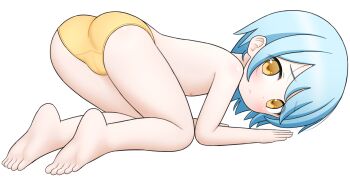 1girl all_fours ami_(ammy33) ass barefoot blue_hair blush cameltoe feet female_focus flat_chest loli looking_at_viewer nipples original panties short_hair solo toes topless_female underwear white_background yellow_eyes yellow_panties