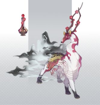 Rule 34 | 1other, animal ears, antlers, bottle, cloud, commentary request, deer, deer antlers, fewer digits, floral print, flower, fog, gradient background, grey background, horns, long neck, maruneko, no humans, original, pixiv username, red flower, red fur, simple background, storm cloud, two-tone background, two-tone fur, white background, white fur