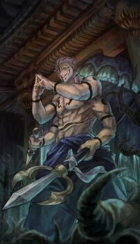 absurdres asa_tuki_893 bone dagger domain_expansion extra_arms extra_eyes highres holding holding_dagger holding_knife holding_polearm holding_weapon itadori_yuuji jujutsu_kaisen knife open_mouth pink_hair polearm ryoumen_sukuna_(jujutsu_kaisen) shrine solo spear spiked_hair weapon