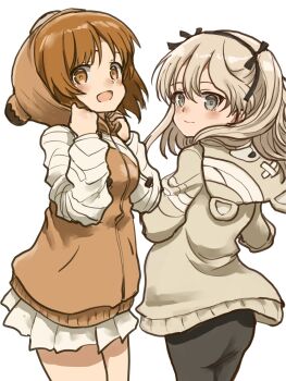 2girls blush boko_(girls_und_panzer) boko_(girls_und_panzer)_(cosplay) brown_eyes brown_hair commentary_request cosplay girls_und_panzer grey_hair happy highres long_hair looking_at_viewer multiple_girls murayama_kei nishizumi_miho open_mouth shimada_arisu short_hair simple_background skirt standing white_background white_skirt