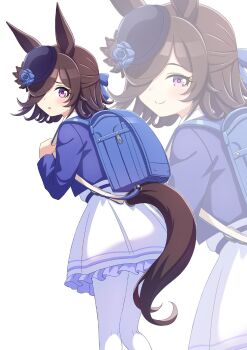 1girl animal_ears backpack bag blue_bag blue_bow blue_flower blue_jacket blue_rose blush bow brown_hair closed_mouth commentary_request flipped_hair flower hair_bow hair_over_one_eye hat hat_flower highres hokuyukis horse_ears horse_girl horse_tail jacket long_hair long_sleeves looking_at_viewer pantyhose parted_lips purple_eyes rice_shower_(umamusume) rose simple_background skirt smile tail tilted_headwear umamusume white_background white_pantyhose white_skirt zoom_layer