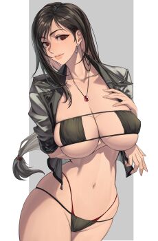 1girl absurdres alternate_costume arm_under_breasts bikini black_bikini black_hair black_jacket breasts cleavage closed_mouth collared_jacket cowboy_shot cropped_jacket earrings eyepatch_bikini final_fantasy final_fantasy_vii gem grey_background hand_on_own_chest highleg highleg_bikini highres jacket jewelry large_breasts long_hair looking_at_viewer low-tied_long_hair navel necklace open_clothes open_jacket parted_bangs red_bikini simple_background skindentation solo swimsuit temoc tifa_lockhart very_long_hair white_background