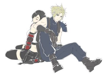 1boy 1girl armor black_boots black_gloves black_hair black_thighhighs blonde_hair blue_eyes blue_pants blue_sweater boots breasts camo_niku closed_eyes closed_mouth cloud_strife commentary crop_top elbow_gloves final_fantasy final_fantasy_vii final_fantasy_vii_remake full_body gloves large_breasts leaning_on_person long_hair low-tied_long_hair pants ribbed_sweater short_hair shoulder_armor single_arm_guard single_bare_shoulder sitting sleeping sleeveless sleeveless_turtleneck spiked_hair suspenders sweater tank_top thighhighs tifa_lockhart turtleneck turtleneck_sweater white_background white_tank_top yokozuwari