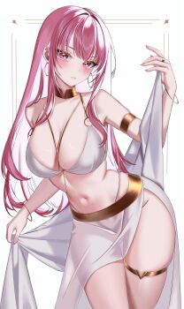 1girl arabian_clothes blush breasts cleavage dancer harem_outfit highres hololive hololive_english large_breasts long_hair looking_at_viewer mori_calliope pink_eyes pink_hair solo ssiiiyyaa virtual_youtuber