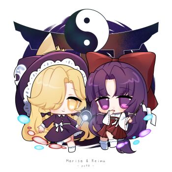 2girls absurdres black_bow blonde_hair bow braid character_name chibi chibi_only closed_mouth commentary crescent crescent_hat_ornament danmaku dress gohei hair_over_one_eye hakama hakama_skirt hakurei_reimu hakurei_reimu_(pc-98) hat hat_ornament highres holding holding_gohei holding_wand japanese_clothes kirisame_marisa kirisame_marisa_(pc-98) long_hair long_sleeves miko multiple_girls no_noru orb purple_dress purple_eyes purple_hair purple_hat red_bow red_hakama ribbon-trimmed_sleeves ribbon_trim side_braid skirt smile socks torii touhou touhou_(pc-98) very_long_hair wand white_socks wide_sleeves witch_hat yin_yang yin_yang_orb