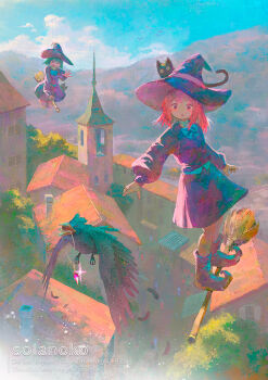 2girls :o animal artist_name bird black_cat blue_bow blue_bowtie boots bow bowtie broom broom_riding brown_boots cat closed_eyes commentary_request crow day dress full_body green_hair hat house long_sleeves multiple_girls open_mouth original outdoors pink_eyes pink_hair pointy_boots purple_dress purple_hat short_hair solanoko standing watermark witch witch_hat