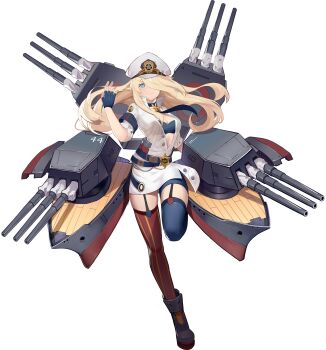 1girl armband artist_request asymmetrical_legwear belt bikini black_armband black_belt black_bra black_gloves black_necktie black_surge_night black_thighhighs blonde_hair blue_eyes bra brown_thighhighs california_(black_surge_night) fingerless_gloves gloves hair_over_one_eye hat highres jacket long_hair machinery military_hat mismatched_legwear necktie official_art open_clothes open_jacket rigging sheriff_badge short_sleeves sports_bra swimsuit thighhighs third-party_source transparent_background turret underwear white_bikini white_headwear