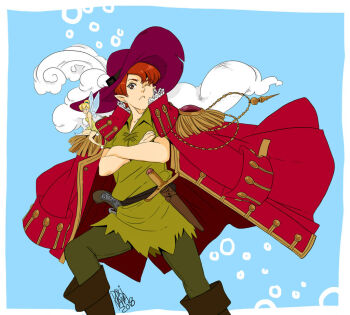 1boy black_footwear blonde_hair blue_eyes boots brown_eyes brown_hair bug captain_hook captain_hook_(cosplay) cosplay dokinana dress fairy feathers fly fly_agaric green_dress green_hat green_shirt green_tunic gun hat hat_feather holding holding_gun holding_weapon inker_bell_(novel_character) insect leaf mushroom peter_pan_(novel) pointy_ears red_feathers shirt short_hair size_difference sword tinker_bell_(disney) toon_(style) tunic walt_disney&#039;s_peter_pan watermark weapon