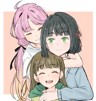 3girls :3 :d ^_^ ahoge anyoji_hime anyoji_hime_(summer_loungewear) arms_around_neck black_hair black_ribbon blonde_hair blue_cardigan blunt_bangs blunt_ends bob_cut border brown_hair cardigan closed_eyes closed_mouth commentary flower_knot gradient_hair green_eyes hair_intakes hair_ribbon hasu_no_shousankaku highres hood hoodie hug hug_from_behind kachimachi_kosuzu kachimachi_kosuzu_(summer_loungewear) kisaragi_yukitora link!_like!_love_live! long_hair long_sleeves looking_at_another love_live! lying momose_ginko momose_ginko_(summer_loungewear) multi-tied_hair multicolored_hair multiple_girls on_back open_mouth orange_background parted_bangs pink_hair ponytail ribbon shirt short_hair short_sleeves sidelocks simple_background smile t-shirt upper_body virtual_youtuber white_border white_shirt yellow_hoodie