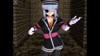 1girl 3d animated animated_gif bdsm black_dress boko877 bouncing_breasts breasts cleavage cuffs dress eyepatch femdom girl_beats_hero gloves handcuffs hat jiggle large_breasts long_hair long_sleeves rpg_maker torture whip whipping white_gloves