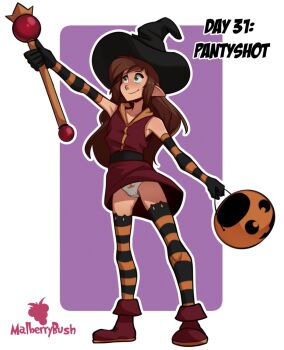 1girl animal_ear_legwear arm_up artist_name bare_shoulders black_hat boots border brown_hair commentary dress elbow_gloves english_commentary english_text full_body gloves green_eyes gwenyvere_(malberrybush) halloween_bucket halloween_costume hat highres kinktober long_hair malberrybush original outline outside_border panties pantyshot pointy_ears purple_background red_boots scepter simple_background sleeveless sleeveless_dress smile solo standing striped_clothes striped_gloves striped_thighhighs thighhighs underwear white_border white_outline white_panties witch_hat