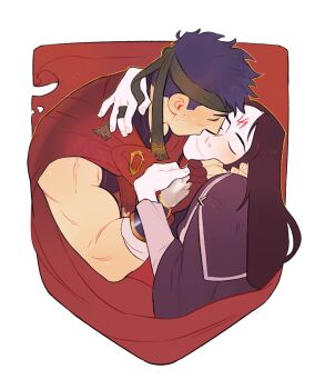 Rule 34 | 2boys, capelet, closed eyes, commentary, commission, english commentary, facial mark, fire emblem, fire emblem: radiant dawn, forehead mark, hoskky, ike (fire emblem), kiss, long hair, male focus, multiple boys, nintendo, short hair, soren (fire emblem), yaoi