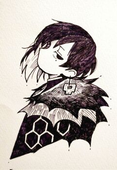 Rule 34 | 1girl, binah (project moon), cape, colored inner hair, dress, earrings, fur-trimmed cape, fur trim, greyscale, head tilt, hexagon, highres, jewelry, lobotomy corporation, looking at viewer, mole, mole under eye, monochrome, multicolored hair, nib pen (medium), pen (medium), project moon, simple background, skull earrings, solo, surumenabe, traditional media, upper body