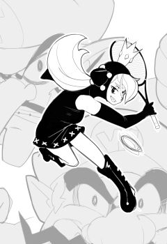 Rule 34 | 1girl, 2boys, absurdres, black dress, black footwear, black gloves, blonde hair, boots, breasts, crown, dress, elbow gloves, full body, gloves, greyscale, highres, holding, holding racket, hood, hood up, hooded dress, knee boots, mario (series), mario power tennis, mario tennis, monochrome, multiple boys, nintendo, racket, sharp teeth, sho-n-d, sleeveless, sleeveless dress, small breasts, solo focus, spikes, teeth, tennis racket, waluigi, wario, warupeach