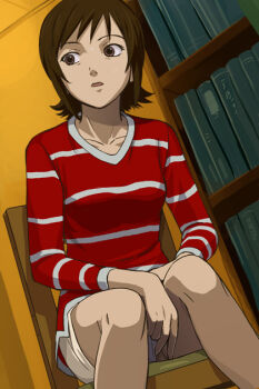 Rule 34 | 1990s (style), 1girl, brown eyes, brown hair, chair, crotch, female focus, female masturbation, hand in panties, hand on crotch, haruyama kazunori, indoors, legs, masturbation, miniskirt, mizuki alice, on chair, panties, pussy, retro artstyle, serial experiments lain, shirt, sitting, skirt, solo, striped clothes, striped shirt, sweat, underwear