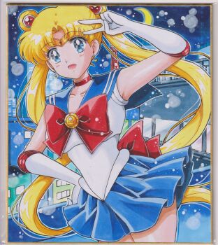 absurdres back_bow bishoujo_senshi_sailor_moon blue_eyes blue_sailor_collar blue_skirt bow bowtie chikoto_(kztc4472) choker circlet cityscape collarbone crescent crescent_earrings double_bun earrings elbow_gloves gem gloves hair_bun hair_ornament hand_on_own_hip highres jewelry lips looking_at_viewer night parted_bangs pleated_skirt red_bow red_bowtie red_choker red_gemstone sailor_collar sailor_moon shirt skirt smile tokyo_(city) traditional_media transformation_brooch_(sailor_moon) tsukino_usagi twintails white_shirt