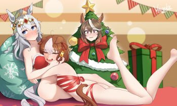 3girls @_@ absurdres ahoge animal_ears arm_around_back ass belno_light_(umamusume) blue_eyes blush bottomless bow box breast_pillow breast_press breasts brown_hair cheek_press christmas christmas_ornaments christmas_tree_costume closed_eyes closed_mouth commentary couple crying crying_with_eyes_open drooling ear_ornament ear_ribbon ears_down english_commentary gift gift_box grey_hair hair_between_eyes hair_ornament highres horse_ears hug leaning_back letter_hair_ornament long_hair looking_at_another looking_up lying medium_breasts multicolored_hair multiple_girls naked_ribbon no_tail nose_blush oguri_cap_(umamusume) on_stomach open_mouth purple_eyes red_eyes red_ribbon ribbon short_hair sitting small_breasts smile strapless symboli_rudolf_(christmas_emperor_tree)_(umamusume) symboli_rudolf_(umamusume) tears tree_costume two-tone_hair umamusume umamusume:_cinderella_gray vingete wavy_mouth wrapped_up yuri