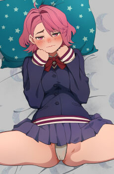 1girl absurdres animanghayo bed blue_jacket blue_skirt blush bow bowtie buttons cameltoe clenched_hands clip_studio_paint_(medium) commentary dandadan english_commentary furrowed_brow gluteal_fold hands_up highres jacket kami_high_school_uniform long_sleeves lying nose_blush on_back on_bed panties pillow pink_eyes pink_hair pleated_skirt red_bow red_bowtie school_uniform shiratori_aira_(dandadan) shirt short_hair skirt solo spread_legs thick_eyebrows thighs underwear wavy_mouth white_panties white_shirt