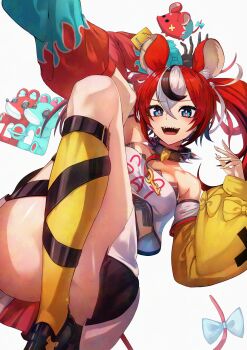 1girl absurdres adversarial_noise animal_ears asymmetrical_sleeves bare_shoulders black_hair blue_eyes blush bow breasts cheese cleavage collar commentary detached_sleeves dice_hair_ornament eyelashes falling food hair_ornament hakos_baelz hakos_baelz_(1st_costume) highres hololive hololive_english jewelry key key_necklace long_hair looking_at_viewer mismatched_sleeves mouse_ears mouse_girl mouse_on_head mouse_tail mousetrap mr._squeaks_(hakos_baelz) multicolored_hair necklace open_mouth raiko_kakaba red_hair revision shiny_skin shirt skirt smile solo spiked_collar spikes streaked_hair tail tail_bow tail_ornament thighs twintails virtual_youtuber watermark white_background white_hair