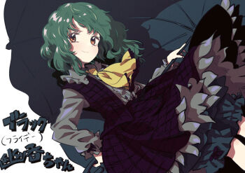 1girl ascot black_friday brown_eyes commentary frilled_skirt frills green_hair holding holding_umbrella kazami_yuuka kinosaki looking_at_viewer plaid_clothes plaid_skirt plaid_vest shirt skirt solo touhou translation_request umbrella vest white_shirt yellow_ascot