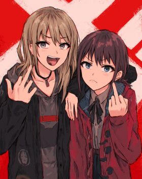 Rule 34 | 2girls, black jacket, black ribbon, blue eyes, brown hair, chromatic aberration, closed mouth, coat, collared shirt, commentary, duffel coat, frown, girls band cry, grey hoodie, grey shirt, hair between eyes, hand up, highres, hood, hoodie, iseri nina, jacket, jacket over hoodie, jewelry, kawaragi momoka, light blush, long hair, long sleeves, looking at viewer, middle finger, multiple girls, neck ribbon, necklace, open clothes, open coat, open jacket, open mouth, red background, red coat, revision, ribbon, shirt, short hair, teeth, tongue, two-tone background, upper body, upper teeth only, v-shaped eyebrows, white background, yukitake (bullfalk)