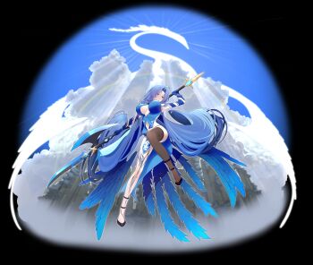 Rule 34 | 1girl, absurdres, ahoge, armpits, artist request, asymmetrical legwear, backless dress, backless outfit, bare hips, black background, black shoes, blue eyes, blue gem, blue hair, blue sky, breasts, center opening, closed mouth, clothing cutout, cloud, dan seolhwa, dot nose, dress, expressionless, eyebrows hidden by hair, feather tail, floating, floating hair, from below, full body, gem, halberd, highres, holding, holding behind back, holding polearm, holding weapon, holding weapon behind back, korean commentary, large breasts, leg tattoo, light rays, long hair, looking at viewer, looking down, navel, navel cutout, original, polearm, revealing clothes, shoes, single thighhigh, sky, solo, tattoo, thighhighs, tight clothes, tight dress, underboob, very long hair, weapon