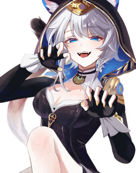 1girl absurdres animal_ear_fluff animal_ears animal_hood blue_eyes bow braid breasts cat_ears cat_girl cat_hood cat_tail cipher_(honkai:_star_rail) cleavage commentary fang fingerless_gloves gloves grey_hair hair_bow highres honkai:_star_rail honkai_(series) hood leotard medium_breasts mole mole_on_breast okashieeeeeee tail tongue white_background yellow_nails