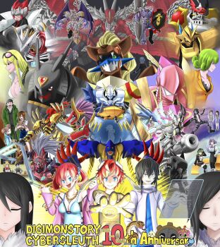 6+boys 6+girls aiba_takumi alphamon anniversary armor bare_shoulders black_bra black_shirt black_vest blue_camisole blue_eyes bra breasts bug camisole character_request cleavage craniummon curly_hair date_makiko diablomon digimon digimon_story:_cyber_sleuth double_blade dragon duftmon dukemon dynasmon examon eyewear_on_head fei_wong_tomoe_ignacio gaioumon gankoomon glitch green_hair group_picture helmet highres holding holding_shield holographic_interface jacket jesmon jimmy_ken kamishiro_yuugo kamishiro_yuuko kishibe_rie kuremi_kyouko large_breasts lordknightmon magnamon mastemon mecha medium_breasts mikagura_mirei mugendramon multiple_boys multiple_girls no_shirt non-humanoid_robot omegamon open_mouth pink_armor pink_helmet pink_jacket purple_eyes purple_hair red_hair robot robot_dragon ryo_n7dgmn sanada_arata shield shirt sleipmon suedou_akemi ulforcev-dramon underwear vest white_shirt yellow_jacket yellow_shirt