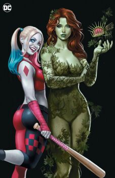 Rule 34 | 2girls, ass, bandaged hand, bandages, baseball bat, batman (series), belt, black background, black belt, black pants, blonde hair, blue eyes, blue eyeshadow, blue hair, breasts, capri pants, choker, colored skin, colored tips, commentary, cowboy shot, crazy eyes, crazy smile, crop top, dc comics, diamond (shape), english commentary, eyelashes, eyeshadow, green eyes, green leotard, green lips, green skin, hair tie, harley quinn, height difference, highres, holding, holding baseball bat, ivan talavera, large breasts, leaf, leotard, logo, looking at viewer, lowleg, lowleg pants, makeup, midriff, mismatched eyeshadow, multicolored hair, multicolored pants, multiple girls, orange hair, pants, pink eyeshadow, pink hair, plant clothing, poison ivy, red choker, red lips, red pants, red shirt, shirt, shoulder tattoo, simple background, smile, standing, standing on one leg, strapless, strapless leotard, tattoo, teeth, western comics (style), white skin