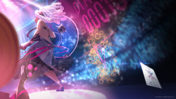 1girl black_gloves black_shoes black_skirt card copyright_notice crowd dark-skinned_female dark_skin dqn_(dqnww) dreadlocks gloves highres holding holding_shield medium_hair mujika_yotogi official_art see-through_clothes see-through_skirt shield shoes single_thighhigh skirt solo stage thighhighs trading_card white_hair wixoss