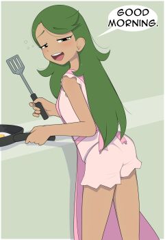 1girl :d absurdres apron border commentary curly_hair english_commentary english_text fried_egg frying_pan furrgroup green_eyes green_hair hair_down half-closed_eyes highres holding holding_frying_pan holding_spatula indoors large_variant_set long_hair mallow_(pokemon) nintendo open_mouth pink_apron pokemon pokemon_(anime) pokemon_the_series:_sun_&amp;_moon raised_inner_eyebrows shirt shorts smile solo spatula speech_bubble squeans swept_bangs teeth upper_teeth_only variant_set white_border