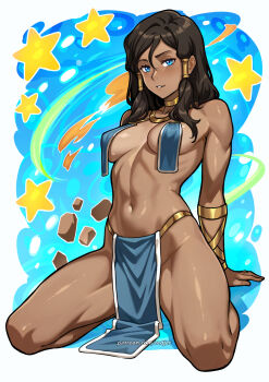 1girl artist_name avatar_legends blue_eyes blush breast_curtains breasts brown_hair dark-skinned_female dark_skin gold_bracer gold_choker gold_collar hair_tubes highres kneeling korra large_breasts long_hair looking_at_viewer navel pelvic_curtain redjet revealing_clothes smile the_legend_of_korra toned toned_female