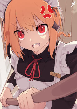 anger_vein apron artist_name artist_self-insert black_shirt braid breasts character_name close-up collared_shirt diamond_hair_ornament frown highres holding holding_stick indoors long_sleeves looking_at_viewer maid maid_apron maid_headdress med0medo medo_(med0medo) name_tag neck_ribbon open_mouth orange_hair original red_eyes red_ribbon ribbon shirt short_hair signature small_breasts stick teeth upper_body upper_teeth_only white_apron wooden_floor