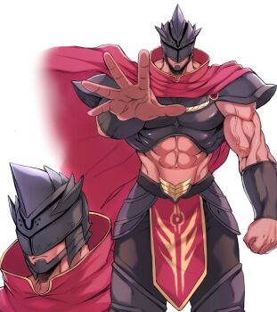Rule 34 | 1boy, abs, armor, bara, belt, cape, chan kuro (azsdi4e), chest plate, clenched hand, covered eyes, gauntlets, helmet, highres, leg armor, loincloth, looking at viewer, male focus, manly, muscular, muscular arms, muscular male, navel, original, pants, pectorals, shoulder armor, shoulder pads, skirt, solo, veins, veiny arms, warrior